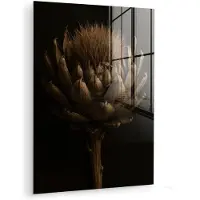 MuchoWow Glasschilderij 60x80 cm - Schilderij acrylglas - Donkerbruin - Bloem - Textuur - Artisjok - Foto op glas - Muurdecoratie woonkamer - Wanddecoratie slaapkamer - Schilderijen