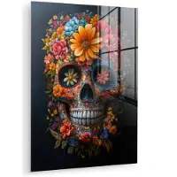MuchoWow Glasschilderij 120x160 cm - Schilderij acrylglas - Bloemen - Kleurrijk - Schedel - Foto op glas - Muurdecoratie woonkamer - Wanddecoratie slaapkamer - Schilderijen