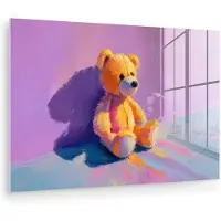 MuchoWow Glasschilderij 90x60 cm - Schilderij acrylglas - Teddybeer - Schaduw - Penseelstreken - Paars - Foto op glas - Muurdecoratie woonkamer - Wanddecoratie slaapkamer - Schilderijen