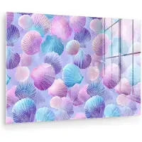 MuchoWow Glasschilderij 30x20 cm - Schilderij acrylglas - Schelpen - Paars - Blauw - Patroon - Foto op glas - Muurdecoratie woonkamer - Wanddecoratie slaapkamer - Schilderijen
