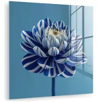 MuchoWow Glasschilderij 20x20 cm - Schilderij acrylglas - Bloem - Blauw - Bloemblaadjes - Streepjes - Foto op glas - Muurdecoratie woonkamer - Wanddecoratie slaapkamer - Schilderijen