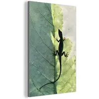 MuchoWow Aluminium schilderij 100x150 cm - Wanddecoratie metaal - Hagedis - Blad - Nerven - Groen - Metalen muurdecoratie woonkamer - Decoratie industrieel - Foto op dibond - Industriële accessoires slaapkamer