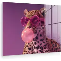 MuchoWow Glasschilderij 80x60 cm - Schilderij acrylglas - Panter - Zonnebril - Kauwgombel - Roze - Foto op glas - Muurdecoratie woonkamer - Wanddecoratie slaapkamer - Schilderijen
