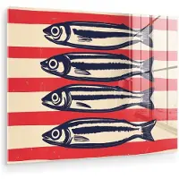 MuchoWow Glasschilderij 160x120 cm - Schilderij acrylglas - Sardines - Rood en beige strepen - Foto op glas - Muurdecoratie woonkamer - Wanddecoratie slaapkamer - Schilderijen