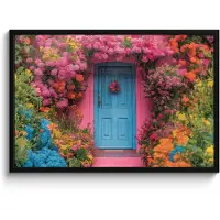 PosterMonkey Poster in lijst - Fotolijst 90x60 cm - Posters - Bloemen - Deur - Roze - Posterlijst zwart - Decoratie - Wanddecoratie woonkamer - Muurdecoratie slaapkamer