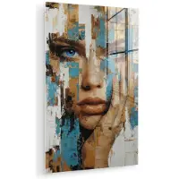 MuchoWow Glasschilderij 60x90 cm - Schilderij acrylglas - Abstract - Penseelstreken - Blauw - Gezicht - Foto op glas - Muurdecoratie woonkamer - Wanddecoratie slaapkamer - Schilderijen