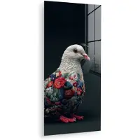 MuchoWow Glasschilderij 60x120 cm - Schilderij acrylglas - Duif - Bloemen - Wit - Zwart - Foto op glas - Muurdecoratie woonkamer - Wanddecoratie slaapkamer - Schilderijen