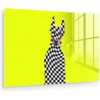 MuchoWow Glasschilderij 30x20 cm - Schilderij acrylglas - Dobermann - Geblokt - Geel - Foto op glas - Muurdecoratie woonkamer - Wanddecoratie slaapkamer - Schilderijen
