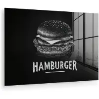 MuchoWow Glasschilderij 60x40 cm - Schilderij acrylglas - Hamburger - Krijttekst - Zwart - Wit - Foto op glas - Muurdecoratie woonkamer - Wanddecoratie slaapkamer - Schilderijen