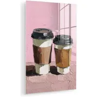 MuchoWow Glasschilderij 100x150 cm - Schilderij acrylglas - Koffiebekers - Deksel - Verf - Textuur - Foto op glas - Muurdecoratie woonkamer - Wanddecoratie slaapkamer - Schilderijen
