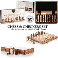 CHESS Schaken en dammen - Hoogwaardig beukenhout - 2in1 - schaakbord 38CM - Wood & Checkers Set