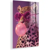 MuchoWow Glasschilderij 120x180 cm - Schilderij acrylglas - Panter - Zonnebril - Kauwgombel - Roze - Foto op glas - Muurdecoratie woonkamer - Wanddecoratie slaapkamer - Schilderijen
