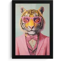 PosterMonkey Poster in lijst - Fotolijst 20x30 cm - Posters - Tijger - Strik - Jasje - Roze - Posterlijst zwart - Decoratie - Wanddecoratie woonkamer - Muurdecoratie slaapkamer
