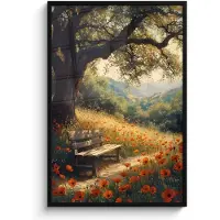 PosterMonkey Poster in lijst - Fotolijst 80x120 cm - Posters - Bankje - Boom - Klaprozen - Heuvels - Posterlijst zwart - Decoratie - Wanddecoratie woonkamer - Muurdecoratie slaapkamer