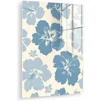 MuchoWow Glasschilderij 60x80 cm - Schilderij acrylglas - Hibiscusbloemen - Blauw - Patroon - Tropisch - Foto op glas - Muurdecoratie woonkamer - Wanddecoratie slaapkamer - Schilderijen