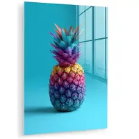 MuchoWow Glasschilderij 30x40 cm - Schilderij acrylglas - Ananas - Regenboog - Blauw - Popart - Foto op glas - Muurdecoratie woonkamer - Wanddecoratie slaapkamer - Schilderijen