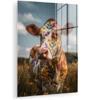 MuchoWow Glasschilderij 120x160 cm - Schilderij acrylglas - Koe - Bloemen - Weiland - Foto op glas - Muurdecoratie woonkamer - Wanddecoratie slaapkamer - Schilderijen