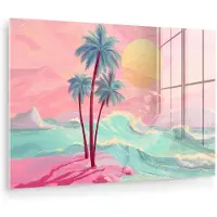 MuchoWow Glasschilderij 180x120 cm - Schilderij acrylglas - Palmbomen - Golven - Zee - Foto op glas - Muurdecoratie woonkamer - Wanddecoratie slaapkamer - Schilderijen