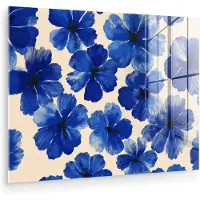 MuchoWow Glasschilderij 160x120 cm - Schilderij acrylglas - Bloemen - Blauw -Patroon - Wit - Foto op glas - Muurdecoratie woonkamer - Wanddecoratie slaapkamer - Schilderijen