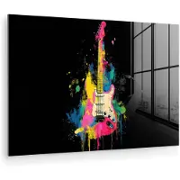 MuchoWow Glasschilderij 180x120 cm - Schilderij acrylglas - Gitaar - Kleurrijk - Verf - Foto op glas - Muurdecoratie woonkamer - Wanddecoratie slaapkamer - Schilderijen