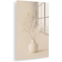 MuchoWow Glasschilderij 60x90 cm - Schilderij acrylglas - Vaas - Takken - Bloemetjes - Wit - Foto op glas - Muurdecoratie woonkamer - Wanddecoratie slaapkamer - Schilderijen