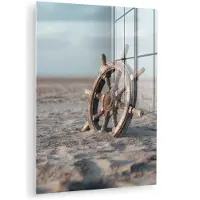 MuchoWow Glasschilderij 90x120 cm - Schilderij acrylglas - Scheepsstuur - Hout - Bruin - Zand - Foto op glas - Muurdecoratie woonkamer - Wanddecoratie slaapkamer - Schilderijen