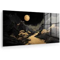 MuchoWow Glasschilderij 40x20 cm - Schilderij acrylglas - Gouden rivier - Bergen - Maan - Sterrenhemel - Foto op glas - Muurdecoratie woonkamer - Wanddecoratie slaapkamer - Schilderijen