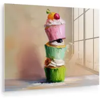 MuchoWow Glasschilderij 160x120 cm - Schilderij acrylglas - Cupcakes - Gestapeld - Kleurrijk - Fruit - Foto op glas - Muurdecoratie woonkamer - Wanddecoratie slaapkamer - Schilderijen