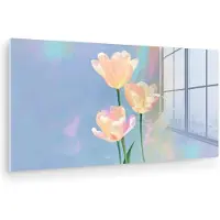 MuchoWow Glasschilderij 80x40 cm - Schilderij acrylglas - Tulpen - Roze accenten - Blauw - Foto op glas - Muurdecoratie woonkamer - Wanddecoratie slaapkamer - Schilderijen
