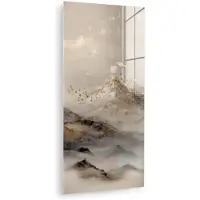 MuchoWow Glasschilderij 20x40 cm - Schilderij acrylglas - Berglandschap - Mist - Penseelstreken - Foto op glas - Muurdecoratie woonkamer - Wanddecoratie slaapkamer - Schilderijen