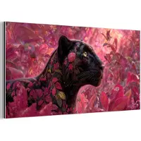 MuchoWow Aluminium schilderij 120x60 cm - Wanddecoratie metaal - Luipaard - Bloemen - Roze - Metalen muurdecoratie woonkamer - Decoratie industrieel - Foto op dibond - Industriële accessoires slaapkamer
