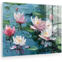 MuchoWow Glasschilderij 120x90 cm - Schilderij acrylglas - Waterlelies - Bloemen - Roze - Water - Foto op glas - Muurdecoratie woonkamer - Wanddecoratie slaapkamer - Schilderijen