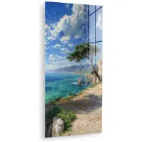 MuchoWow Glasschilderij 60x120 cm - Schilderij acrylglas - Rotsen - Kustlijn - Boom - Bergen - Foto op glas - Muurdecoratie woonkamer - Wanddecoratie slaapkamer - Schilderijen