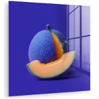 MuchoWow Glasschilderij 50x50 cm - Schilderij acrylglas - Meloen - Blauw - Oranje - Kunstzinnig - Foto op glas - Muurdecoratie woonkamer - Wanddecoratie slaapkamer - Schilderijen