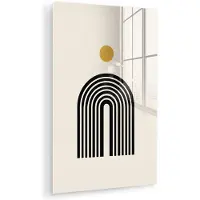 MuchoWow Glasschilderij 40x60 cm - Schilderij acrylglas - Minimalistisch - Zwarte boog - Gouden cirkel - Foto op glas - Muurdecoratie woonkamer - Wanddecoratie slaapkamer - Schilderijen