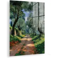 MuchoWow Glasschilderij 90x120 cm - Schilderij acrylglas - Pad - Bomen - Schaduw - - Foto op glas - Muurdecoratie woonkamer - Wanddecoratie slaapkamer - Schilderijen