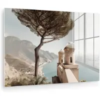 MuchoWow Glasschilderij 90x60 cm - Schilderij acrylglas - Kust - Klif - Boom - Gebouw - Foto op glas - Muurdecoratie woonkamer - Wanddecoratie slaapkamer - Schilderijen