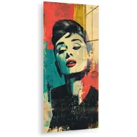 MuchoWow Glasschilderij 40x80 cm - Schilderij acrylglas - Vrouw - Rode lippen - Expressief - Grafisch - Foto op glas - Muurdecoratie woonkamer - Wanddecoratie slaapkamer - Schilderijen