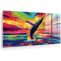 MuchoWow Glasschilderij 80x40 cm - Schilderij acrylglas - Zonsondergang - Walvis - Geschilderd - Kleurrijk - Foto op glas - Muurdecoratie woonkamer - Wanddecoratie slaapkamer - Schilderijen