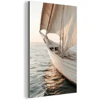 MuchoWow Aluminium schilderij 120x180 cm - Wanddecoratie metaal - Zeilboot - Zee - Beige - Zon - Metalen muurdecoratie woonkamer - Decoratie industrieel - Foto op dibond - Industriële accessoires slaapkamer