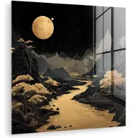 MuchoWow Glasschilderij 90x90 cm - Schilderij acrylglas - Gouden rivier - Bergen - Maan - Sterrenhemel - Foto op glas - Muurdecoratie woonkamer - Wanddecoratie slaapkamer - Schilderijen