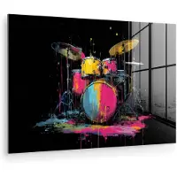 MuchoWow Glasschilderij 120x80 cm - Schilderij acrylglas - Drumstel - Kleurrijk - Verf - Levendig - Foto op glas - Muurdecoratie woonkamer - Wanddecoratie slaapkamer - Schilderijen