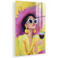 MuchoWow Glasschilderij 60x90 cm - Schilderij acrylglas - Vrouw - Hoed - Paars - Wijn - Foto op glas - Muurdecoratie woonkamer - Wanddecoratie slaapkamer - Schilderijen