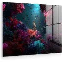 MuchoWow Glasschilderij 160x120 cm - Schilderij acrylglas - Standbeeld - Zeebodem - Koraal - Kleurrijk - Foto op glas - Muurdecoratie woonkamer - Wanddecoratie slaapkamer - Schilderijen