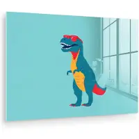 MuchoWow Glasschilderij 120x80 cm - Schilderij acrylglas - Dinosaurus - Blauw - Zonnebril - Foto op glas - Muurdecoratie woonkamer - Wanddecoratie slaapkamer - Schilderijen
