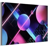 MuchoWow Aluminium schilderij 30x20 cm - Wanddecoratie metaal - Bollen - Neon - Lijnen - Roze - Metalen muurdecoratie woonkamer - Decoratie industrieel - Foto op dibond - Industriële accessoires slaapkamer