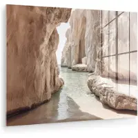 MuchoWow Glasschilderij 40x30 cm - Schilderij acrylglas - Rotsen - Zee - Zand - Kloof - Foto op glas - Muurdecoratie woonkamer - Wanddecoratie slaapkamer - Schilderijen