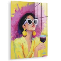 MuchoWow Glasschilderij 30x40 cm - Schilderij acrylglas - Vrouw - Hoed - Paars - Wijn - Foto op glas - Muurdecoratie woonkamer - Wanddecoratie slaapkamer - Schilderijen