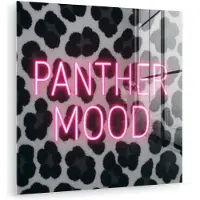 MuchoWow Glasschilderij 90x90 cm - Schilderij acrylglas - Panterprint - Zwart - Neonletters - Roze - Foto op glas - Muurdecoratie woonkamer - Wanddecoratie slaapkamer - Schilderijen