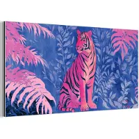 MuchoWow Aluminium schilderij 80x40 cm - Wanddecoratie metaal - Tijger - Roze - Bladeren - Jungle - Metalen muurdecoratie woonkamer - Decoratie industrieel - Foto op dibond - Industriële accessoires slaapkamer